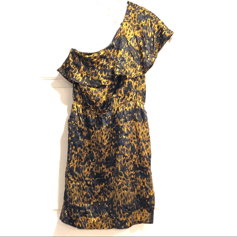 Halston Heritage One Shoulder Baroque Dress Gold